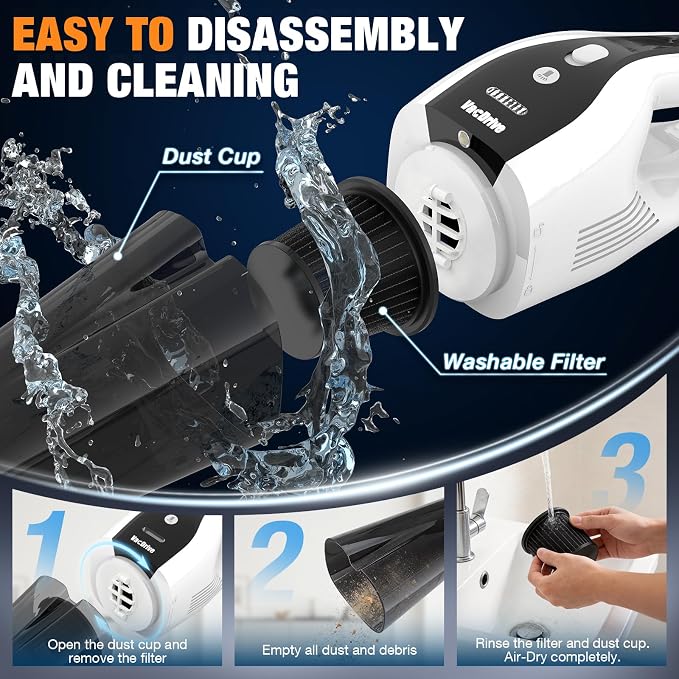 Handheld Vacuum Cordless, Ultra-Strong Suction Car Vacuum Portable Cordless, Rechargeable Hand Held Car Vacuum Cleaner High Power with Multi-Nozzles & Washable Filter for Car, Home, Pets, White&Black