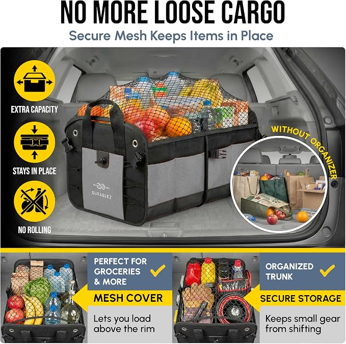 Compact Car Trunk Organizer 2-Section – Grocery, Tools, Cleaning Supplies Storage – Foldable Dual-Compartment Cargo Bin with Cover Net – Gray