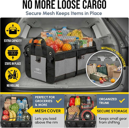 Compact Car Trunk Organizer 2-Section – Grocery, Tools, Cleaning Supplies Storage – Foldable Dual-Compartment Cargo Bin with Cover Net – Gray
