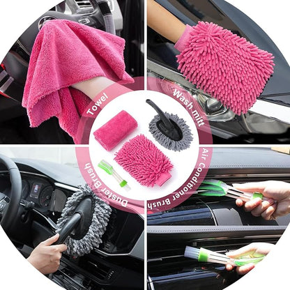 39Pcs Car Cleaning Wash Kit Interior Detailing Cleaner Kit with High Power Handheld Vacuum, Brush Set, Windshield Tool, Duster, Towels, Tire Brush, Complete Car Care Tools, Pink