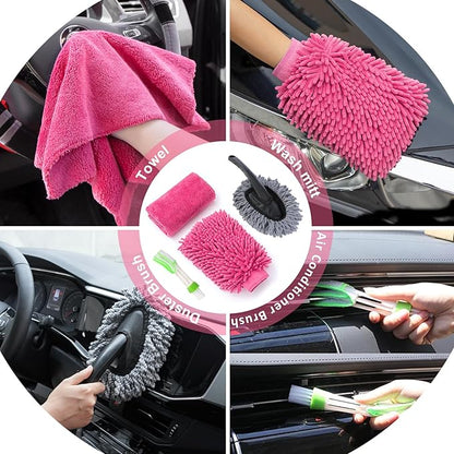41Pcs Car Cleaning Wash Kit Interior Detailing Cleaner Kit with High Power Handheld Vacuum, Collapsible Bucket, Windshield Tool, Snow Shovel, Tire Brush, Complete Car Care Tools, Pink