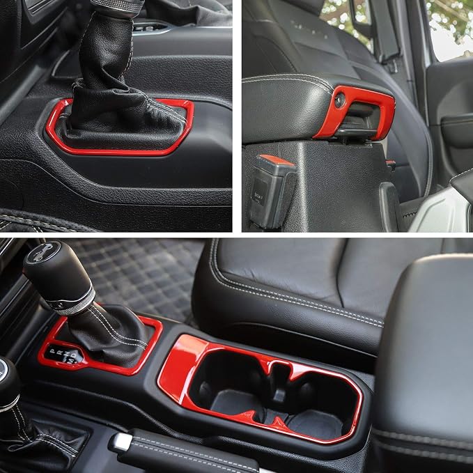 Voodonal for JL 4WD Shift Knob Gear Shift Bezel Front Cup Holder Center Armrest Switch Lock Hole Cover Trim Kits Fit for 2018-2026+Jeep Wrangler JL JLU Gladiator JT Interior Accessories 4pcs Red(AT)