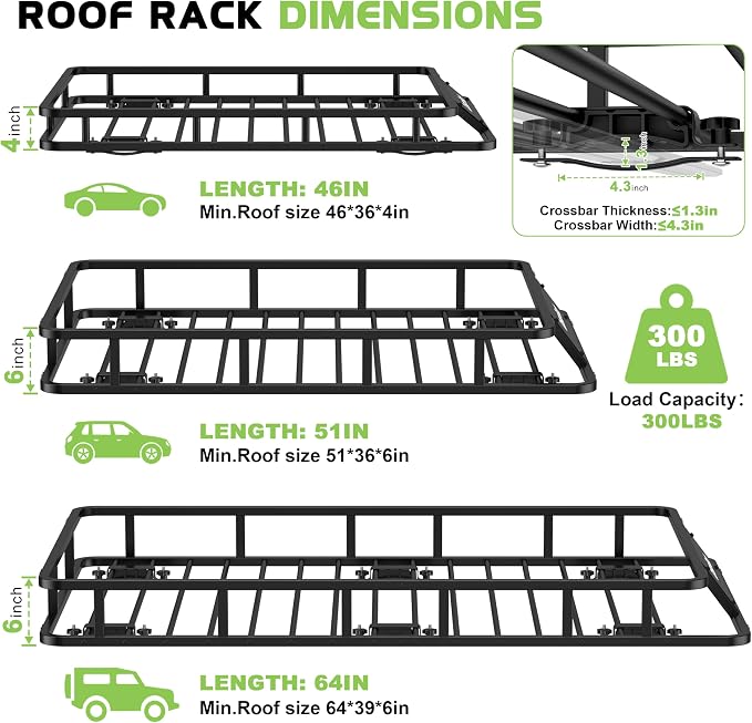 Roof Basket 64" x 39" Heavy Duty Roof Rack Cargo Basket 300 lbs Capacity Steel Rooftop Cargo Carrier Luggage Holder Rack for SUV Truck Car Travel Camping Storage