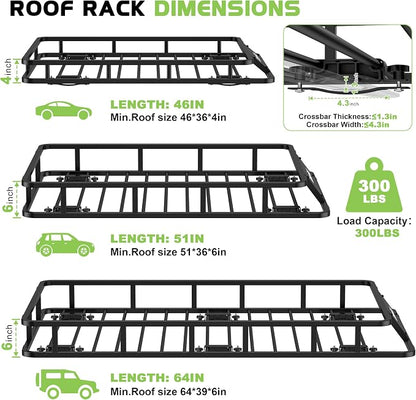 Roof Basket 64" x 39" Heavy Duty Roof Rack Cargo Basket 300 lbs Capacity Steel Rooftop Cargo Carrier Luggage Holder Rack for SUV Truck Car Travel Camping Storage