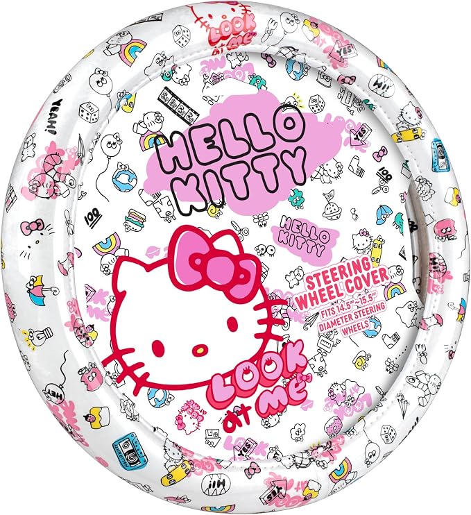 Hello Kitty Steering Wheel Cover, Official Sanrio Car Steering Wheel Cover with Universal Size 14.5-15, Cute White Hello Kitty Car Accessories for Women (Hello Kitty Look at Me)