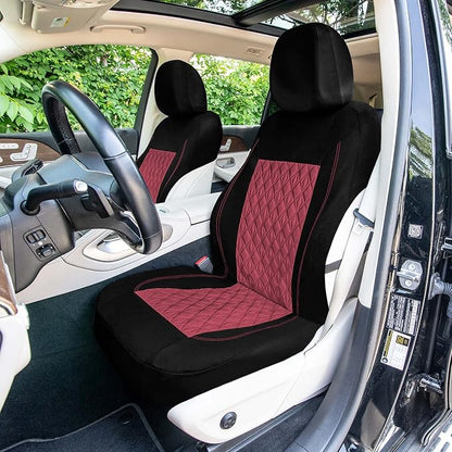 Universal Fit Diamond Stitched Flat Cloth Car Seat Covers Full Set - Burgundy