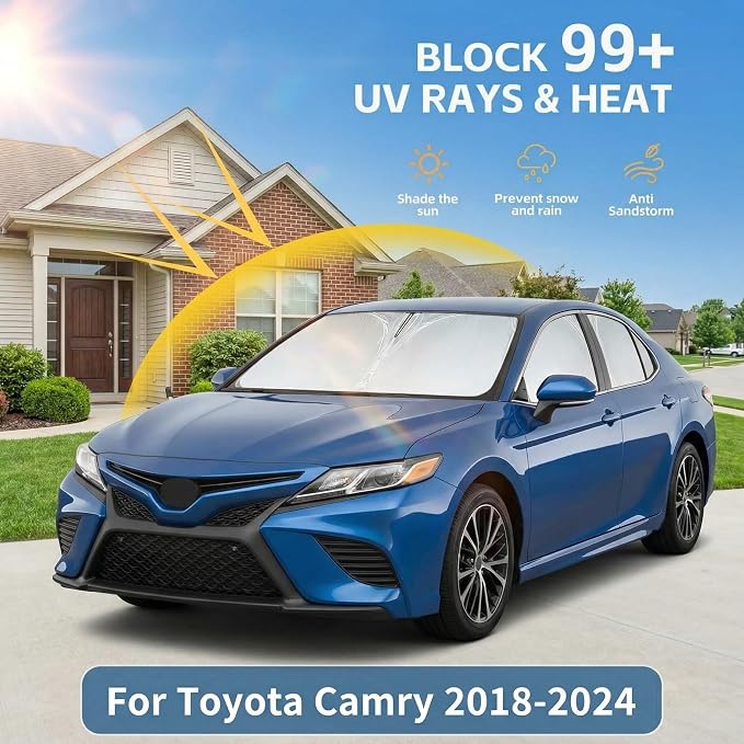 Windshield Sun Shade for Toyota Camry 2018-2023 2024 Front Window Sunshade Custom Fit Camry Accessories LE XLE Hybrid SE XSE Sedan Sun Visor Foldable Shade Blocks UV Rays Must Have Car Accessories