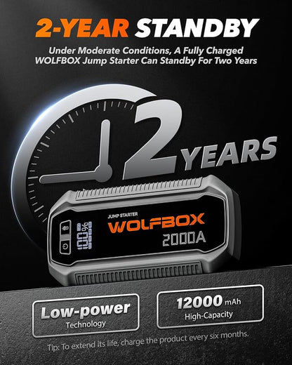 WOLFBOX 2000A Jump Starter, 44.4Wh Battery Jumper Starter Portable with LED Display, 12V Car Battery Jump Starter Pack (7L Gas 6L Diesel Engine) with Booster, LED Light, Jumper Cables (NO Adapter)