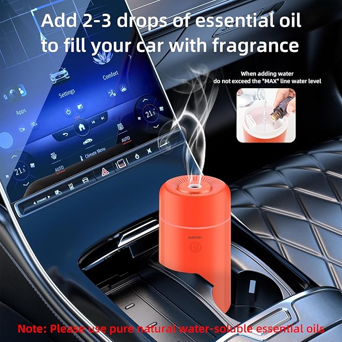 SEEDSEEL 100ML Car Essential Oil Diffuser, Mini Air Humidifier with 7-LED Color Changing, Suitable for Car (Orange)