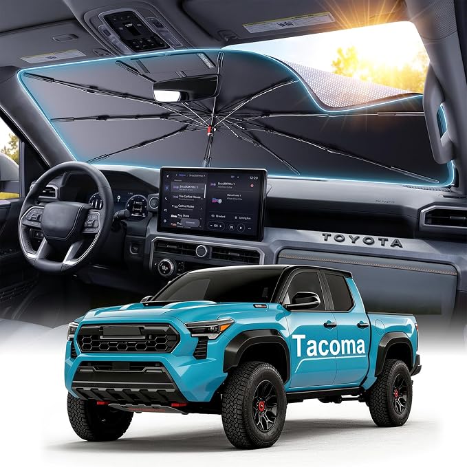 2026 Upgraded Windshield Sun Shade Umbrella for Toyota Tacoma [Precision Custom Fit, Superior UV & Heat Block] Cooling Tech Fabric, Durable Foldable with Storage Bag, Fits 2000-2026