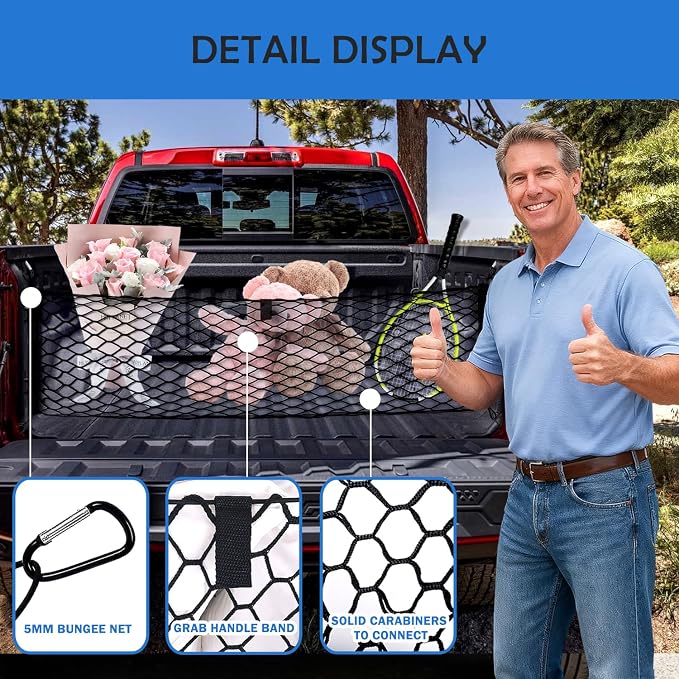 Envelope Style Cargo Net for 2023-2026 Chevy Colorado&GMC Canyon Accessories, Trunk SUV Mesh Cargo Net, Upgraded 5mm Bungee & Double-layer Nylon Storage Tailgate Netting Grocery&Tools Holder Organizer