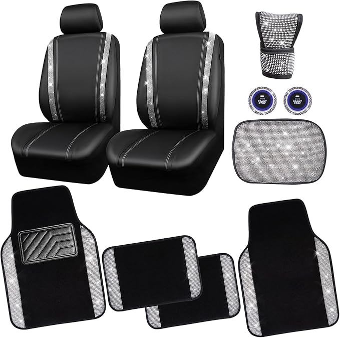 CAR PASS Rhinestone Bling Diamond Car Seat Covers Leather Shining Car Floor Mats Carpet Waterproof Anti-Slip Nibs Car Accessories Interior Sets for Women Silver Glitter White Sparkly Crystal