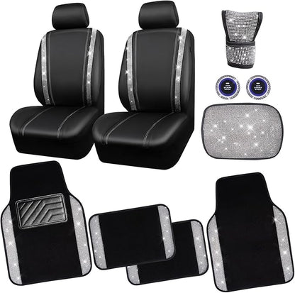 CAR PASS Rhinestone Bling Diamond Car Seat Covers Leather Shining Car Floor Mats Carpet Waterproof Anti-Slip Nibs Car Accessories Interior Sets for Women Silver Glitter White Sparkly Crystal