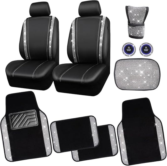 CAR PASS Rhinestone Bling Diamond Car Seat Covers Leather Shining Car Floor Mats Carpet Waterproof Anti-Slip Nibs Car Accessories Interior Sets for Women Silver Glitter White Sparkly Crystal