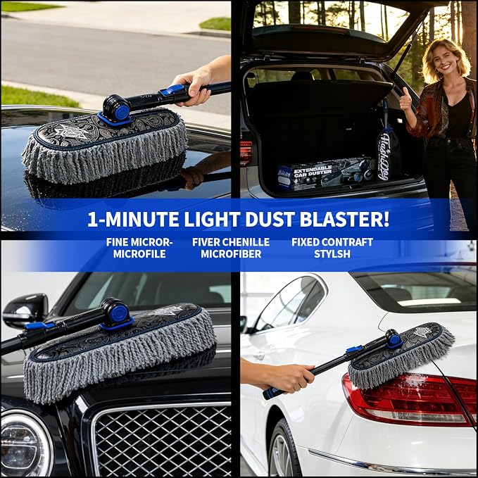 Flash Dog Car Duster Exterior Scratch Free, Waterless Cleaning Brush for Car Truck RV Boat, Gifts for Men Women, Storage Bag & Air Freshener - Extendable Microfiber Duster & Mini Interior Brush