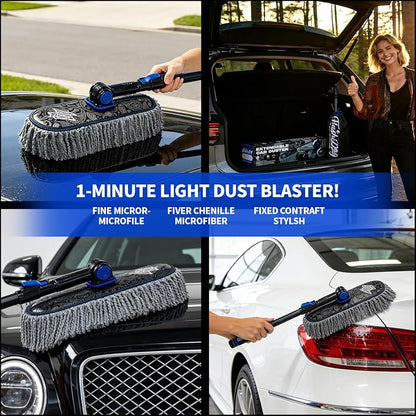 Flash Dog Car Duster Exterior Scratch Free, Waterless Cleaning Brush for Car Truck RV Boat, Gifts for Men Women, Storage Bag & Air Freshener - Extendable Microfiber Duster & Mini Interior Brush