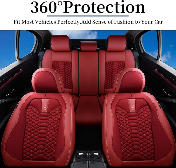 Coverado Car Seat Covers Full Set, Red Seat Covers for Cars 5 Seats, Breathable Fabric& Faux Leather Car Seat Cushions, Front and Rear Car Seat Protectors, Universal Seat Covers Fit for Most Vehicles