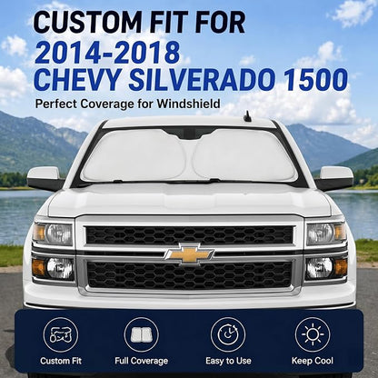 Car Sun Shade for 2014-2018 Chevrolet/Chevy Silverado 1500 Accessories Windshield Sunshade Cover Front Window Shade Custom Fit Silverado 1500 Sun Visor Protector Foldable Blocks UV Rays