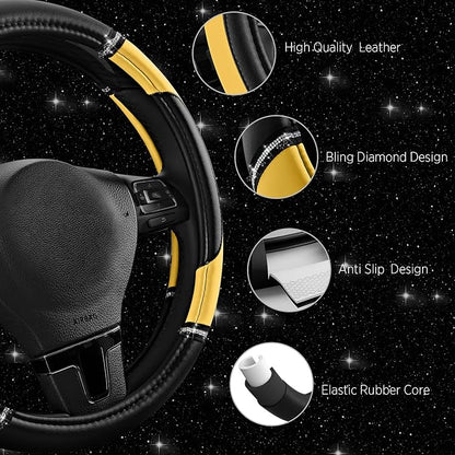 Road Comforts Leather Steering Wheel Cover - Made with PVC Leather - Anti-Slip, Universal Fit 14 1/2 inches to 15 inches - Yellow