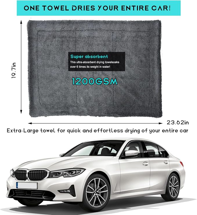 Microfiber Towels for Cars, 19.7"x23.6" 1200 GSM Ultra Thick Soft Car Detailing Drying Towel, Super Absorbent Double Twisted Loop Cloth Cleaning Towel for Car Truck SUV