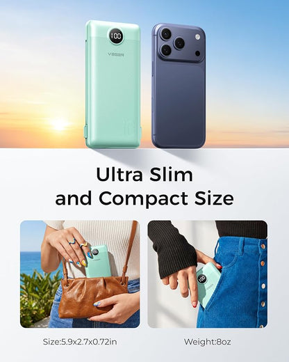 VEGER Portable Charger with Built-in AC Plug and Cables, All in One 10000mAh Ultra Slim Power Bank Emergency Fast Charging for Travel Battery Pack Compatible with iPhone, Samsung, Android, Green