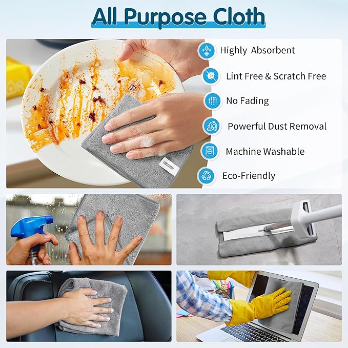 FIXSMITH Grey Microfiber Cleaning Cloth -Pack of 8, Highly Absorbent Cleaning Rags, 16"X12" All Purpose Cleaning Towels for Housekeeping, Kitchen, Car, Lint Free and Reusable Microfiber Towels