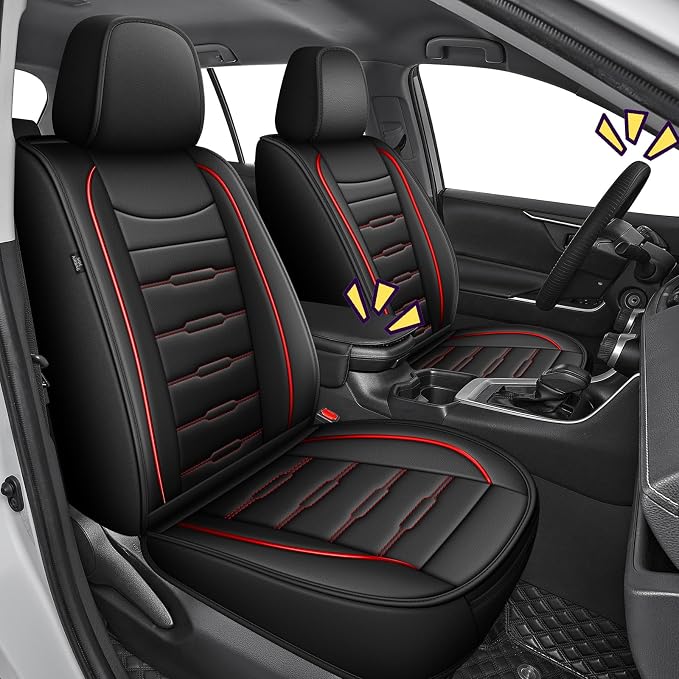 AOMSAZTO RAV4 Front Car Leather Seat Covers Custom Fit for Toyota RAV4 2019 2020 2021 2022 2023 2024 2025 LE,XLE,XLE Premium,Limited with Interior Accessories(2 Seats,Black&Redline)