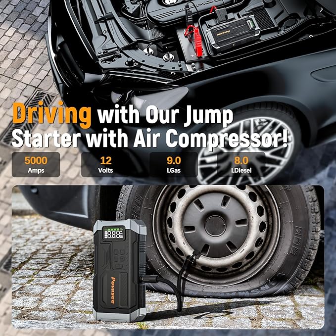 [2026NEW Model] 5000A Jump Starter with Air Compressor,Car Jumper Starter Portable with 150PSI Tire Inflator 12V Jump Box with LCD Display,Flashlight,Storage Case (Up 9L Gas/8L Diesel Engine