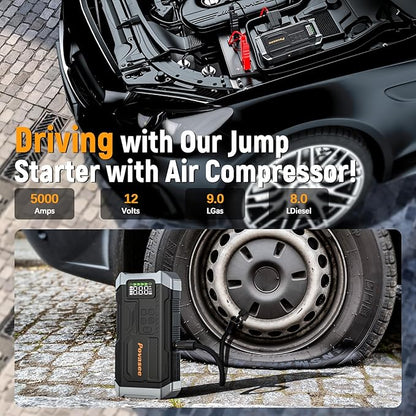 Povasee Jump Starter with Air Compressor 5000A Portable Jump Box up to 9L gas/8L Diesel,inflates Tires to 150PSI 12V Car Battery Jumper Starter
