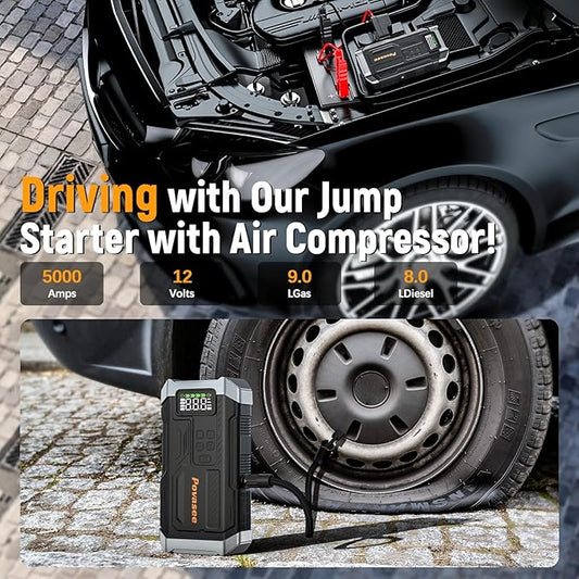 Povasee Jump Starter with Air Compressor 5000A Portable Jump Box up to 9L gas/8L Diesel,inflates Tires to 150PSI 12V Car Battery Jumper Starter