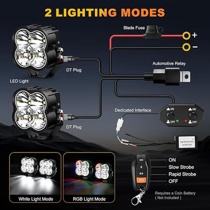 3.7 Inch LED Driving Pod Light with Remote, 200W Spot Beam Offroad Pod with DRL, Spotlights Cube Ditch Lights with 2 Amber Covers & DT Plug, White & RGB Mode, for Jeep Offroad ATV UTV, 1 Pair