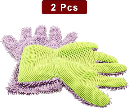 BokWin 2-Pack Car Wash Mitt Scratch Free, 5-Finger Microfiber Wash Mitts, Car Interior Exterior Cleaning Gloves, Auto Chenille Washing Sponge Kits for Cleaning Wheel Tight Spot(Purple)