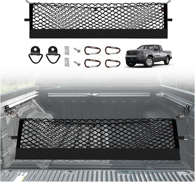 Muslogy Truck Bed Cargo Net Trunk Netting Compatible with Nissan Frontier 2022-2025 2026 (Extra Support Frame) Accessories, Pickup Cargo Organizer SUV Sedan Storage Net w/Heavy Duty Carabiners