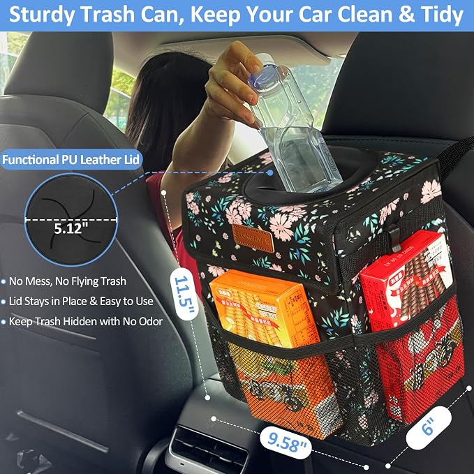 ELONGRIVER Car Trash Can Bin for Back Seat Leak Proof, Cute Car Trash Bag Hanging, Vehicle Trash Can for SUV Truck Van, Automotive Garbage Cans Front Seat Colorful Floral
