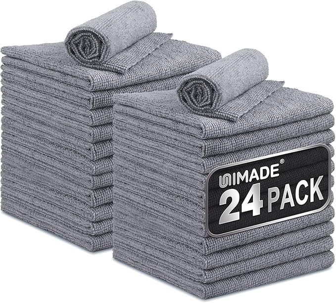 UNIMADE Microfiber Cleaning Cloth, 24 Pack Reusable Microfiber Towels for Cars Lint Free Cleaning Shop Towel Rags for Home Kitchen Automotive Bar Mechanic Restaurant Garage, 11"x 12", Grey