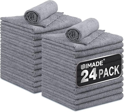 UNIMADE Microfiber Cleaning Cloth, 24 Pack Reusable Microfiber Towels for Cars Lint Free Cleaning Shop Towel Rags for Home Kitchen Automotive Bar Mechanic Restaurant Garage, 11"x 12", Grey