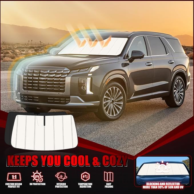 Windshield Sun Shade for Hyundai Palisade 2020-2025 2026, Front Window Visor Accessories, Folding Design Blocks Heat & UV Rays Maintain Cool Interior and Save Space