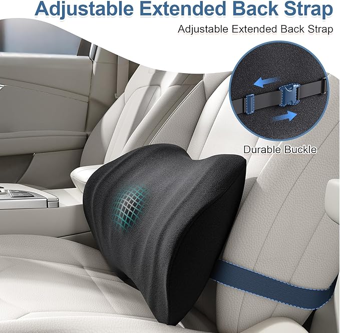 BYMECOST Lumbar Support Pillow for Car, Ergonomic Back Cushion with Strap, Memory Foam Lower Back Support Cushion for Driving, Lumbar Pillow for Pain Relief, for Office Chair, Long Sitting (Black)