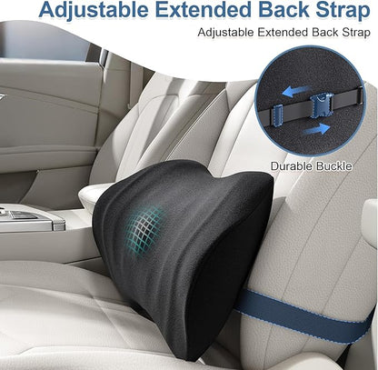 BYMECOST Lumbar Support Pillow for Car, Ergonomic Back Cushion with Strap, Memory Foam Lower Back Support Cushion for Driving, Lumbar Pillow for Pain Relief, for Office Chair, Long Sitting (Black)