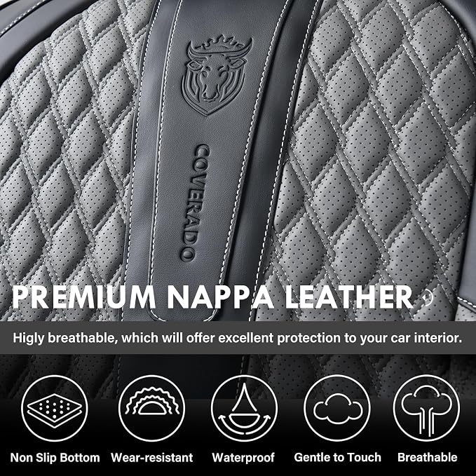 Coverado Car Seat Covers Full Set, Nappa Leather Seat Covers for Car, Waterproof Car Seat Protector with Lumbar Support, Automotive Seat Covers Universal Fit for Most Cars SUV Trucks (Black&Gray)