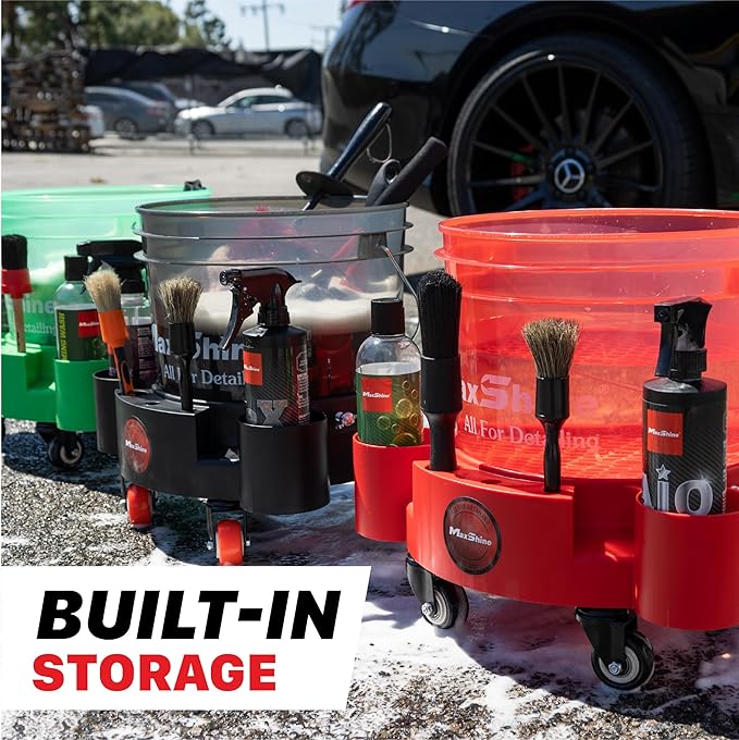 Maxshine Universal Rolling Bucket Dolly – Black Heavy-Duty Polypropylene Car Wash Bucket Cart with 5 Swivel Wheels, 5 Bottle & Brush Holders – Spill-Free Auto Detailing Storage & Garage Organization