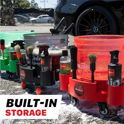 Maxshine Universal Rolling Bucket Dolly – Black Heavy-Duty Polypropylene Car Wash Bucket Cart with 5 Swivel Wheels, 5 Bottle & Brush Holders – Spill-Free Auto Detailing Storage & Garage Organization