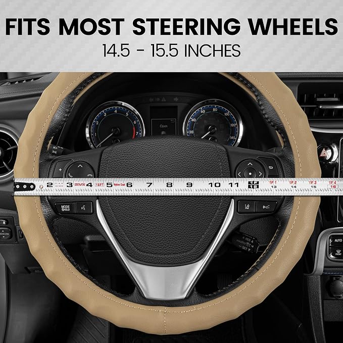 BDK Genuine Beige Leather Steering Wheel Cover for Car, Medium (14.5" - 15.5") – Ergonomic Comfort Grip for Men & Women, Universal Fit Car Steering Wheel Cover for Most Vehicles
