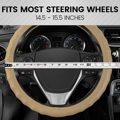 BDK Genuine Beige Leather Steering Wheel Cover for Car, Medium (14.5" - 15.5") – Ergonomic Comfort Grip for Men & Women, Universal Fit Car Steering Wheel Cover for Most Vehicles