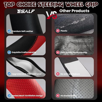Soft Leather Steering Wheel Cover with Breathable Design and Anti-Slip Grip, Specially Designed for 14.5-15.2 inch Circular Steering Wheels