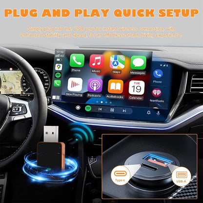 Wireless CarPlay Adapter for iPhone, Wired to Wireless CarPlay Dongle, Plug & Play, Auto-Connect, Low Latency, USB/Type-C Compatible with OEM Wired CarPlay Vehicles - LsdWkt