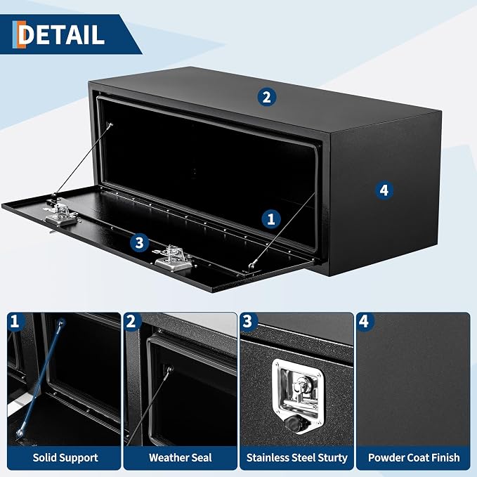 Black Steel Underbody Truck Box, Pickup Storage Box, Heavy Duty Diamond Plate Tool Box with Lock and Keys, Waterproof Trailer Storage Box (48" x 13" x 16"-Black)