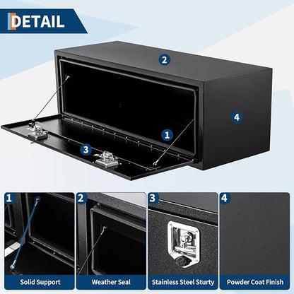 Black Steel Underbody Truck Box, Pickup Storage Box, Heavy Duty Diamond Plate Tool Box with Lock and Keys, Waterproof Trailer Storage Box (48" x 13" x 16"-Black)