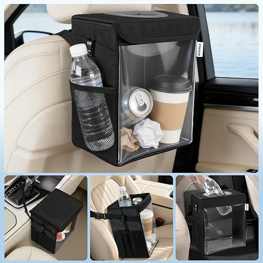 Ryhpez Car Trash Can with Clear Window, Multipurpose Car Organizer Storage for Baby Travel Essentials, Leakproof Car Garbage Bin with Removable Liner for Backseat Console (2.1Gallon/8L)