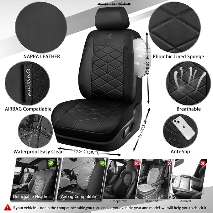 CAR PASS Memory Foam Leather Car Seat Covers Full Set, Breathable Perforated Nappa Leather Seat Covers Full Set, Comfort Universal Fit for Most SUV Truck Sedan, Airbag Compatible 5 Seats All Black